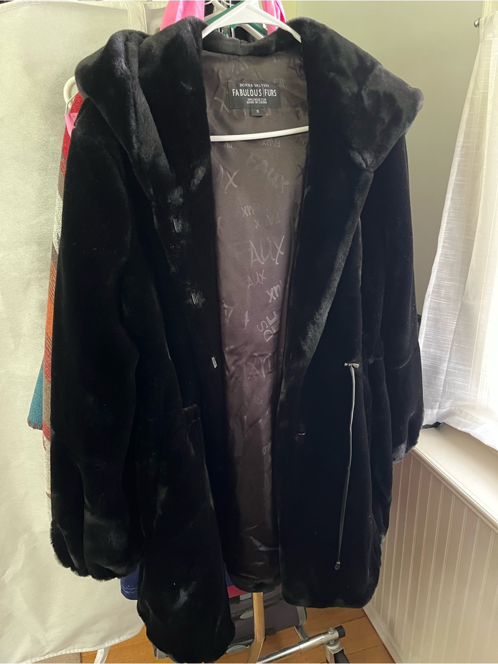NWOT Fabulous Furs Donna Salyers Black Hooded Faux Fur Teddy Coat SZ S